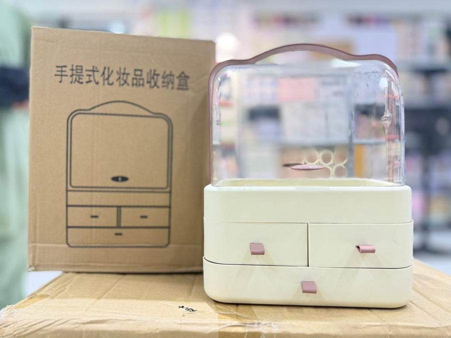 Portable Desktop Makeup Organizer | Dustproof Clear Storage Box with Drawers & Handle